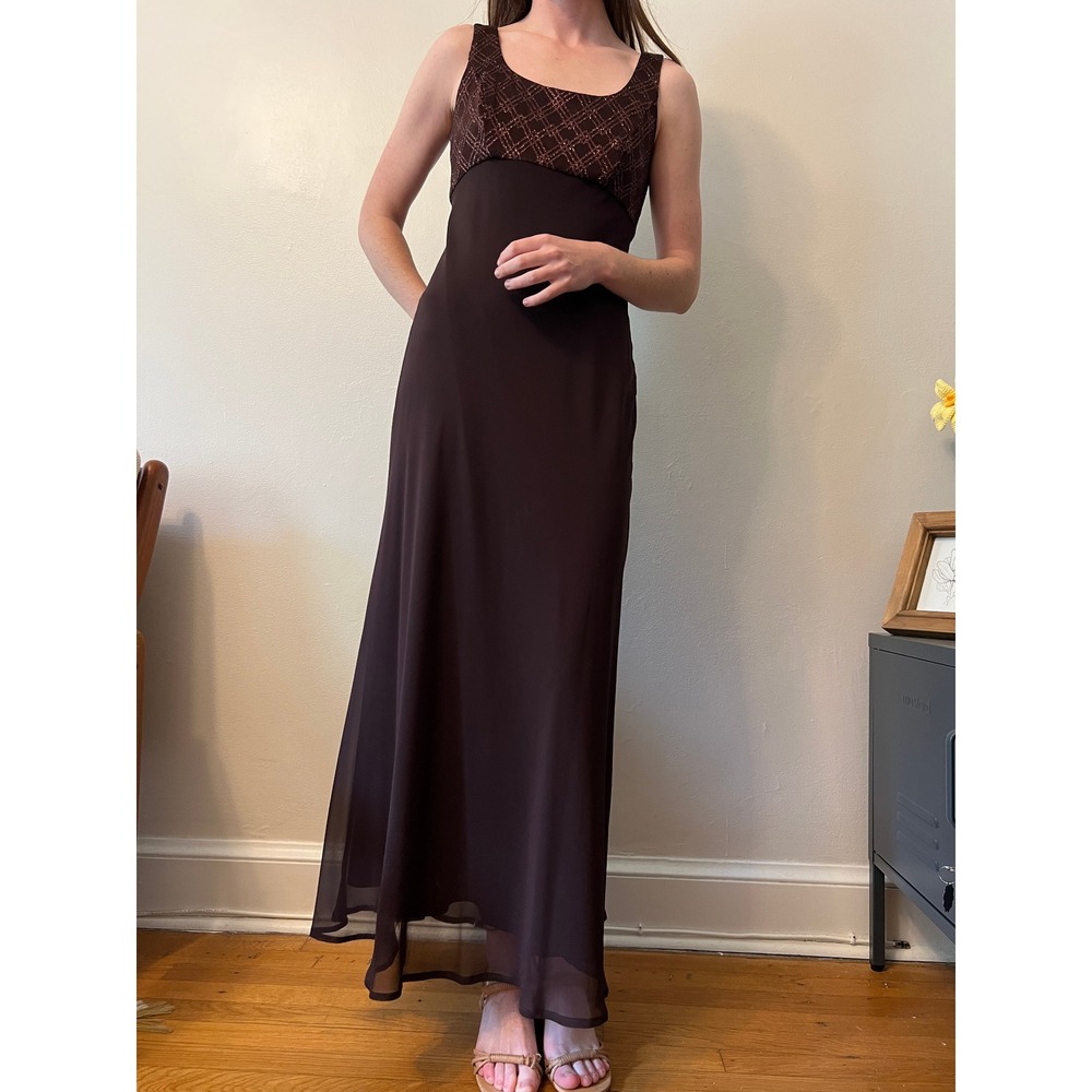 Alex Evenings Empire Waist Dress Brown‎ Glitter LatticeGown 6P Wedding Formal